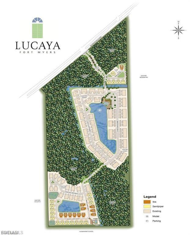 Site Plan. Illustrating the layout of the property, including residential units, roads, and landscape elements
