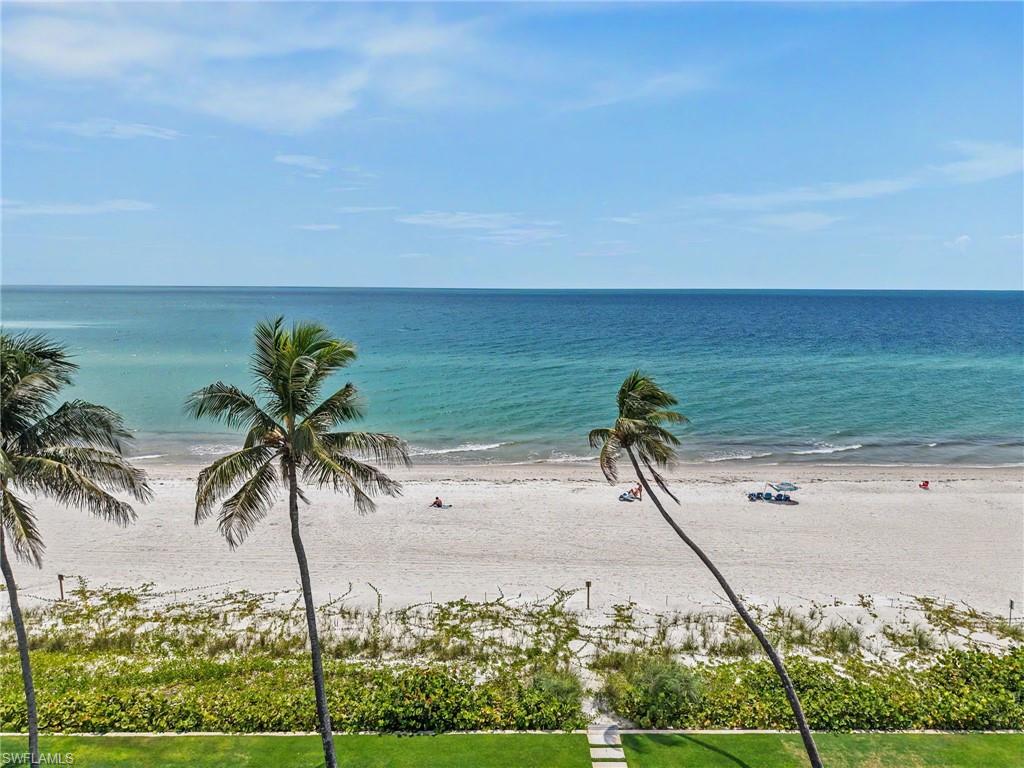 Expansive white sand beach with turquoise waters, framed by mature palm trees and lush green landscaping