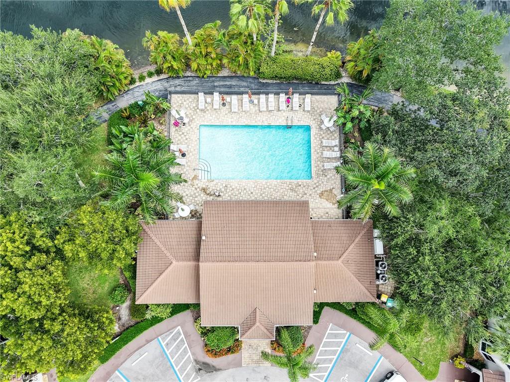 Manicured grounds featuring a swimming pool, paved sundeck, mature landscaping, and an adjacent waterway