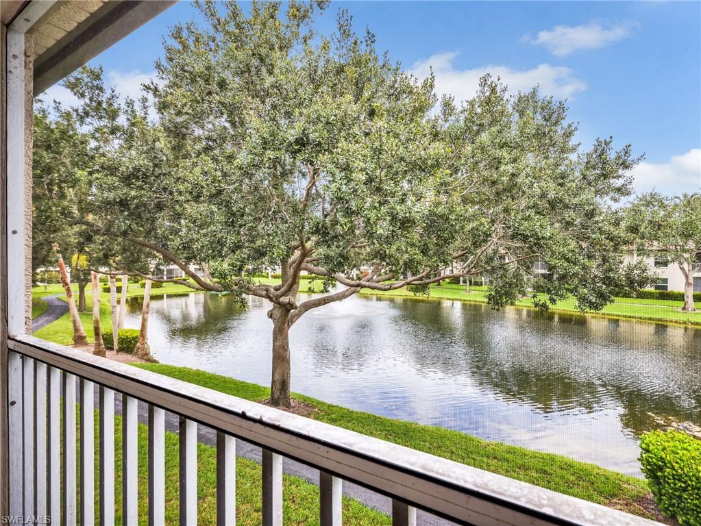 Screened balcony with white railing, overlooking a water feature with a fountain, surrounded by mature trees and manicured lawns
