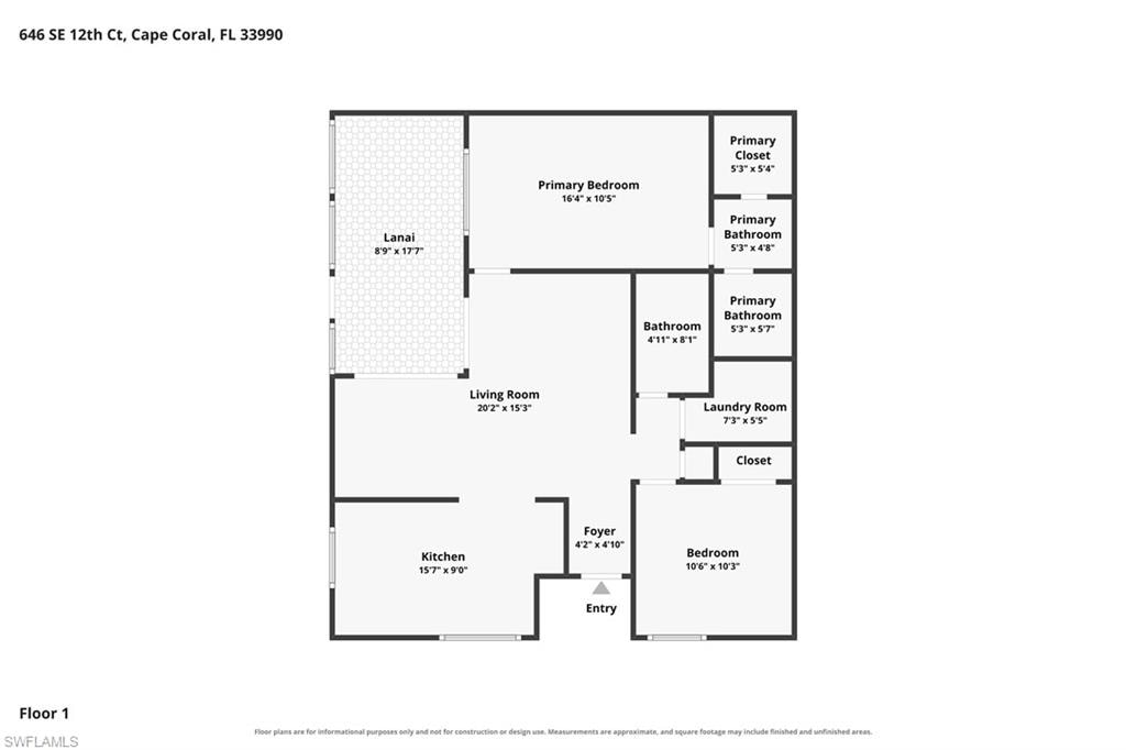 Clear and functional floor plan reveals an efficient split-bedroom layout, dedicated indoor laundry room, and an expansive screened lanai.