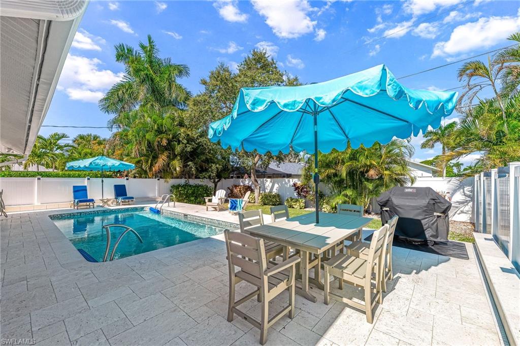 View of swimming pool with a fenced backyard, a patio, area for grilling, and outdoor dining space