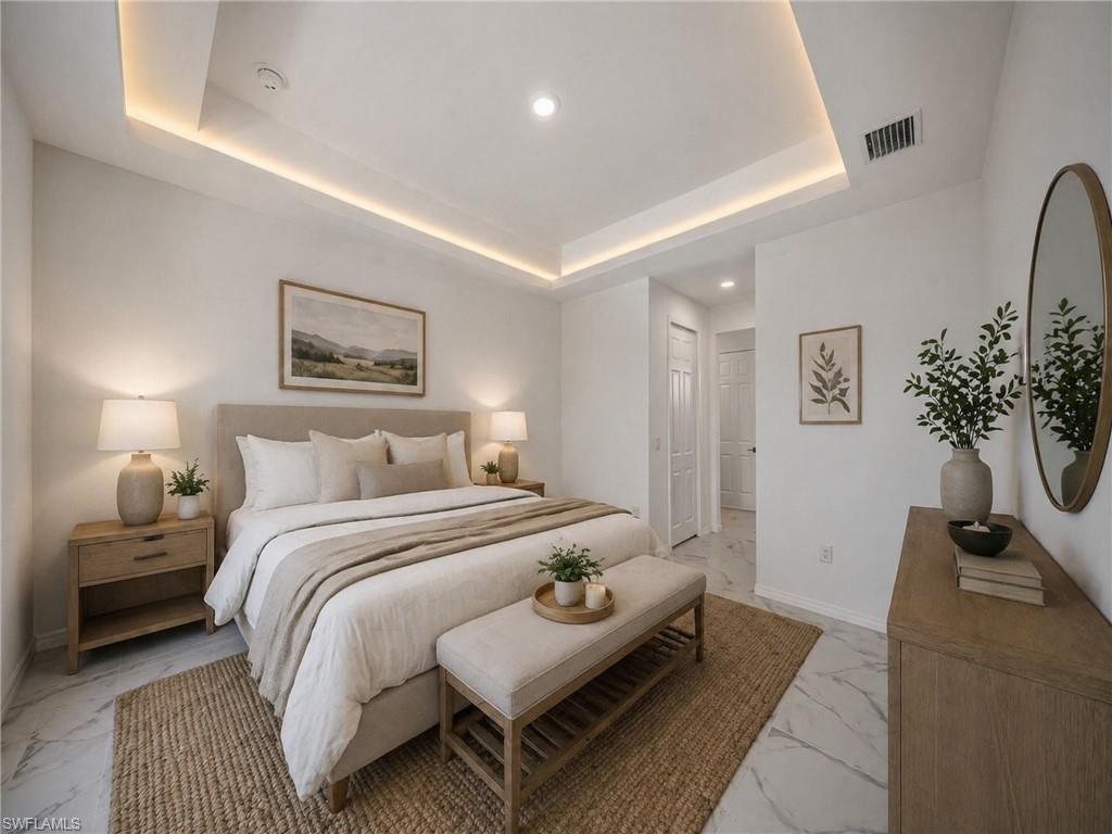 AI: MASTER BEDROOM Tray ceiling with cove lighting and recessed lighting