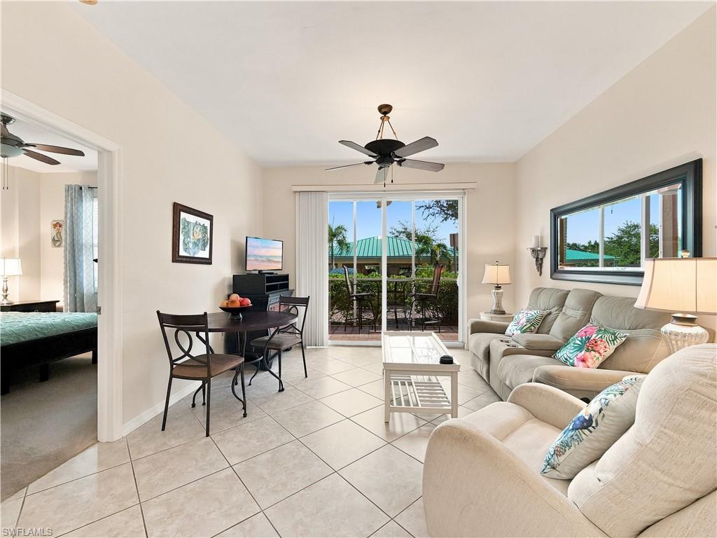 Light-toned tile flooring throughout the living area