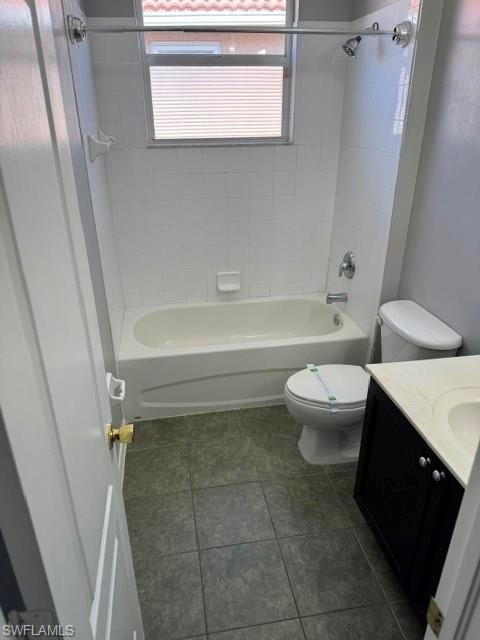 Bathroom featuring a white bathtub, ceramic tile shower surround, window with horizontal blinds, tiled flooring, and a vanity with an integrated sink