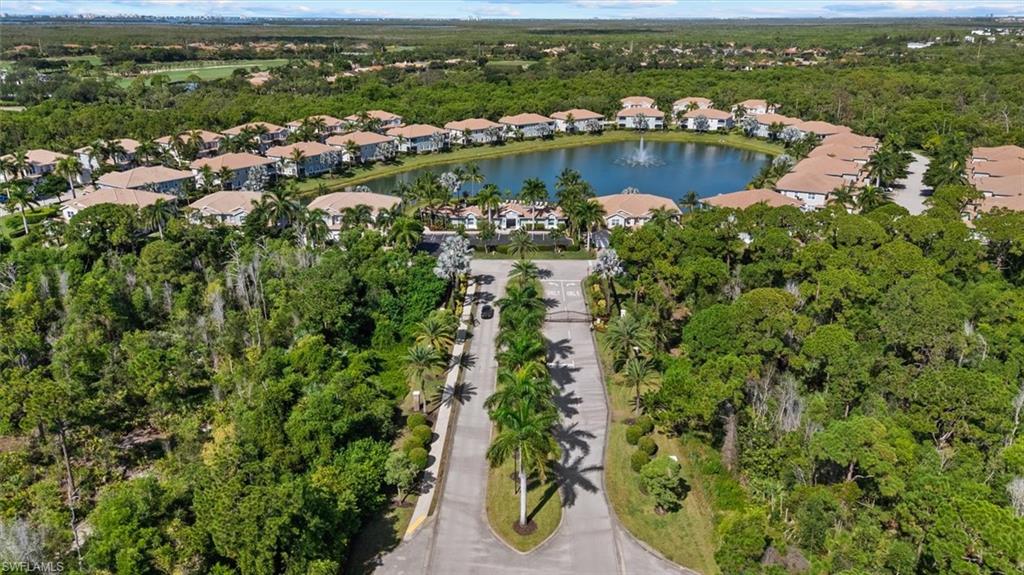 Gated community featuring a central lake with a fountain, surrounded by homes with tile roofs, and lush tropical landscaping