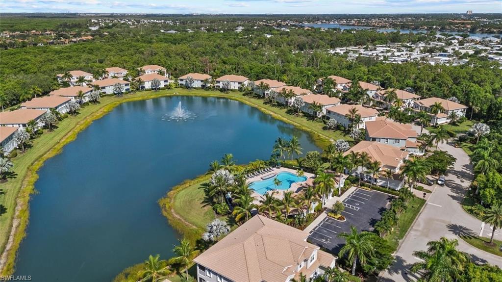 Community featuring a central lake with a fountain, resort-style swimming pool, and tropical landscaping
