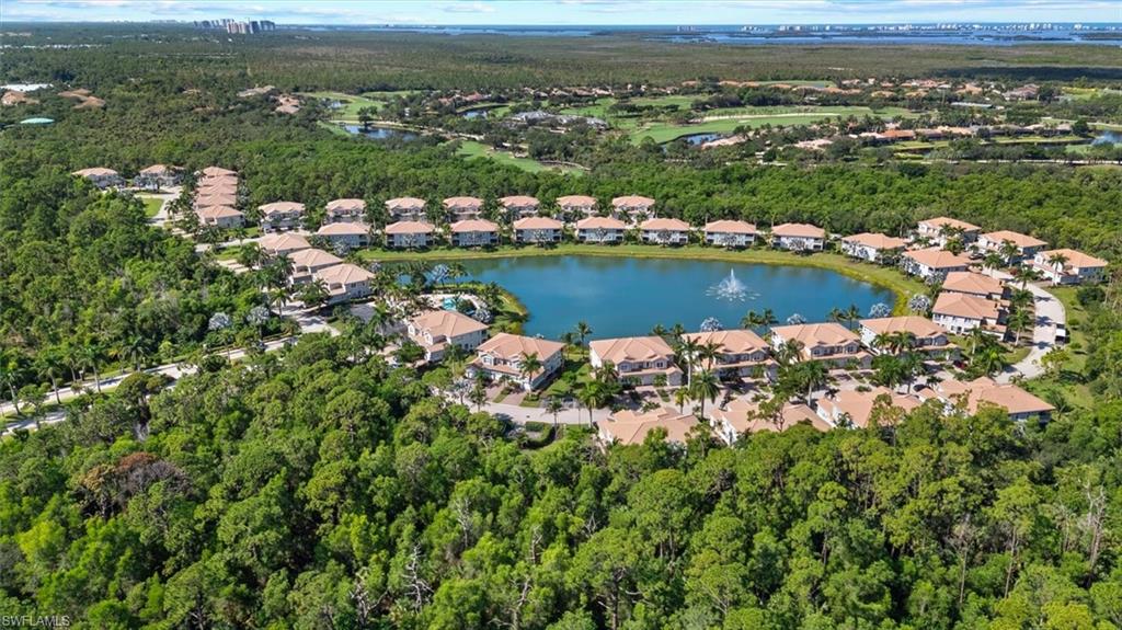 Community with multiple residences arranged around a central lake, featuring a fountain