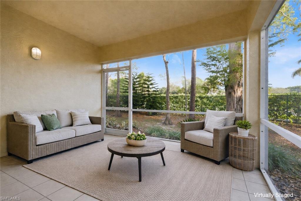 Private Patio. This image has been virtually staged for illustrative purposes. Furniture and décor shown are digital and are not present in the home. Room sizes and furniture scale may not be exact.