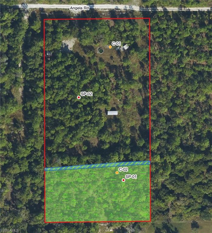 Site Plan. Showing the property boundaries, Angela Road, and marked locations C-01, SP-02, C-02, and SP-01 within the property