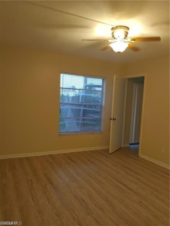 Wood-finish flooring throughout, featuring a ceiling fan with integrated lighting, a window with blinds, and a white interior door