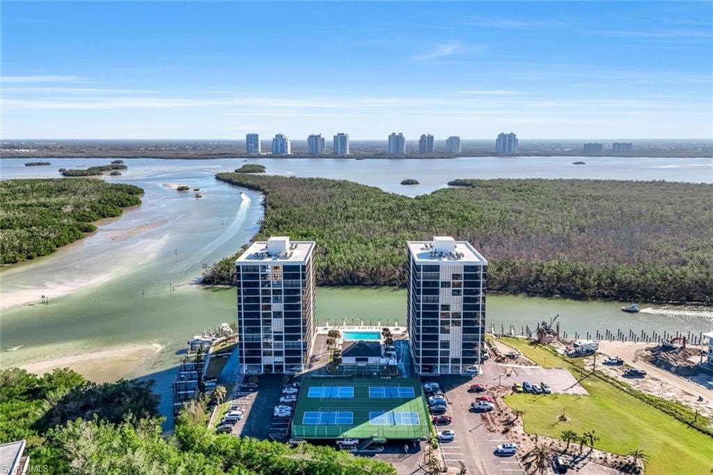 Twin high-rise towers with extensive waterfrontage