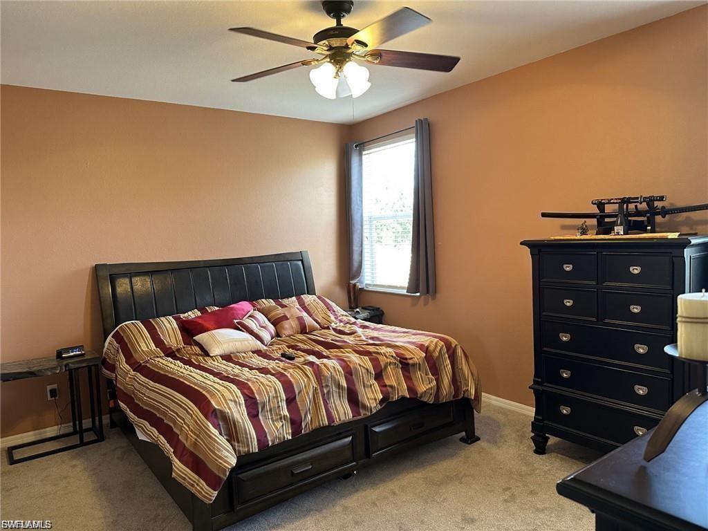 Ceiling fan with light fixture, single window with blinds, carpet flooring, and painted walls