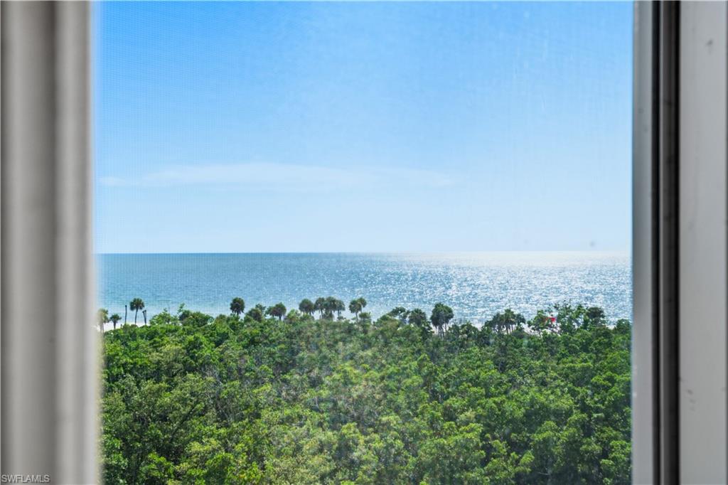 Expansive ocean views with a clear horizon, framed by lush tree canopy and distant palm trees