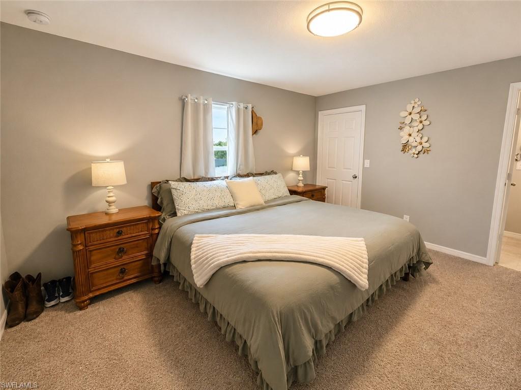 Neutral wall paint, carpet flooring, a single window, ceiling-mounted light fixture, and a white paneled door