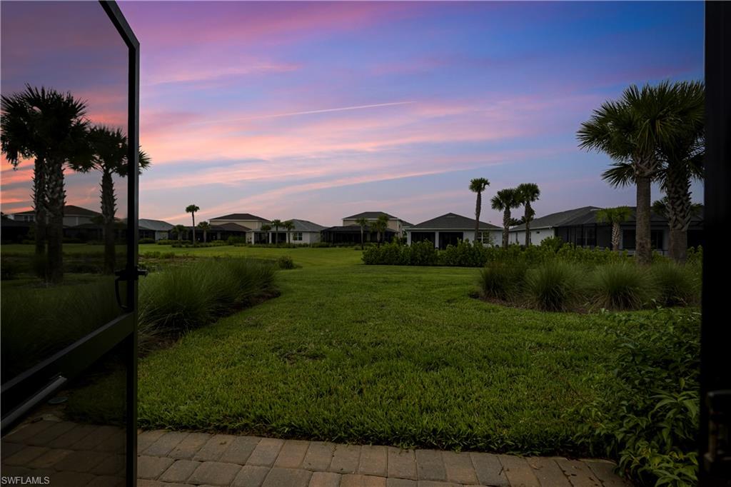 Landscaped yard featuring mature palm trees and lush greenery