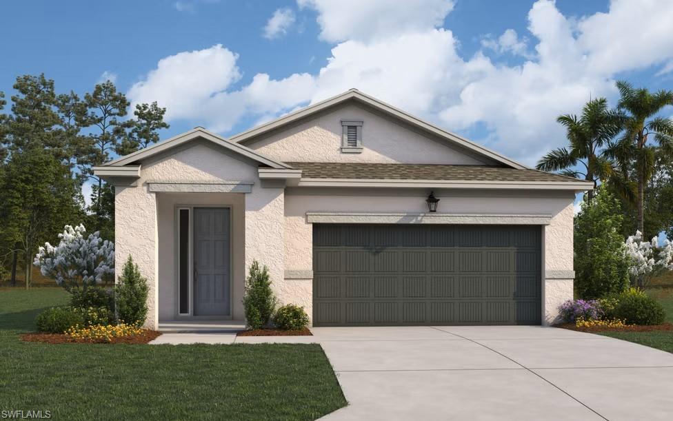 View of front of house with roof with shingles, concrete driveway, a front lawn, stucco siding, and an attached garage