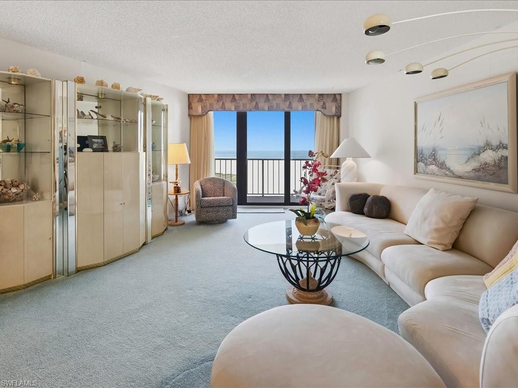 Built-in display cabinetry, floor-to-ceiling glass doors, and light-colored carpeting
