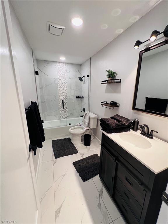 White tile flooring, black ceiling fan with integrated lighting, recessed ceiling lights, horizontal window blinds, and white wall paneling