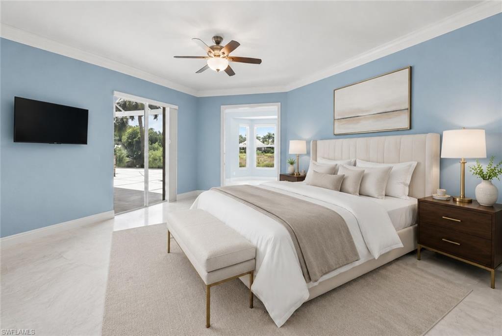 Large windows and direct outdoor access enhance the room’s bright, peaceful atmosphere.