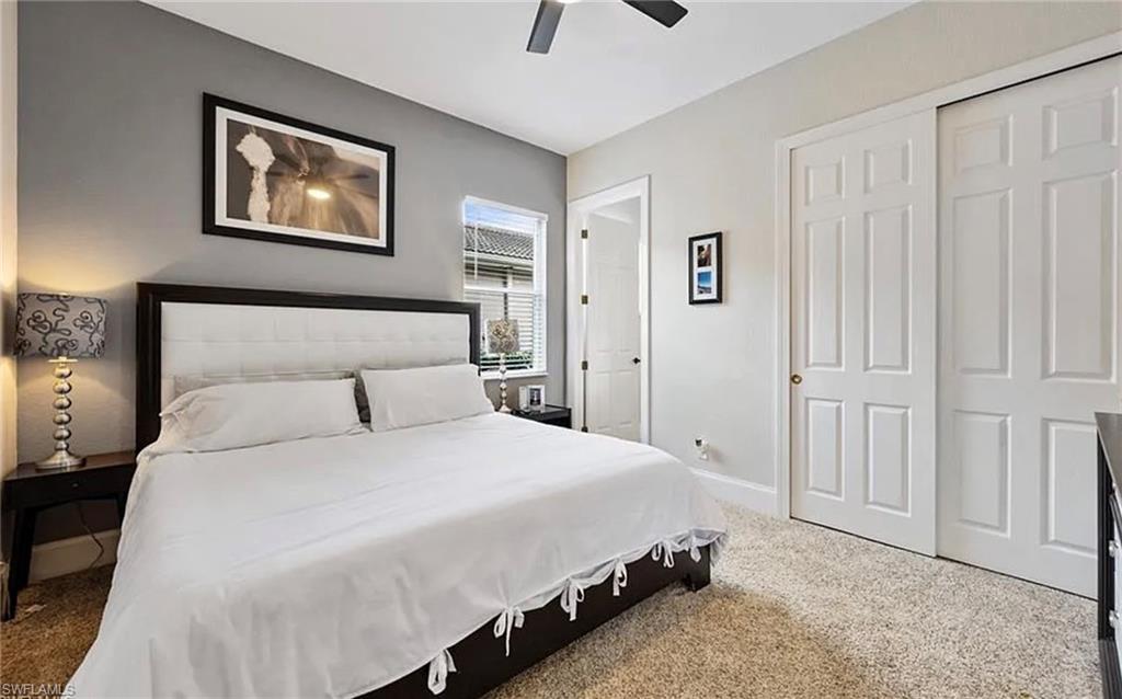 Plush carpeting, paneled closet doors, a ceiling fan, and a neutral color palette