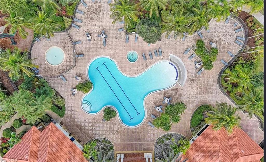 Freeform swimming pool with integrated steps, surrounded by extensive paver decking, multiple lounge seating areas, and lush tropical landscaping