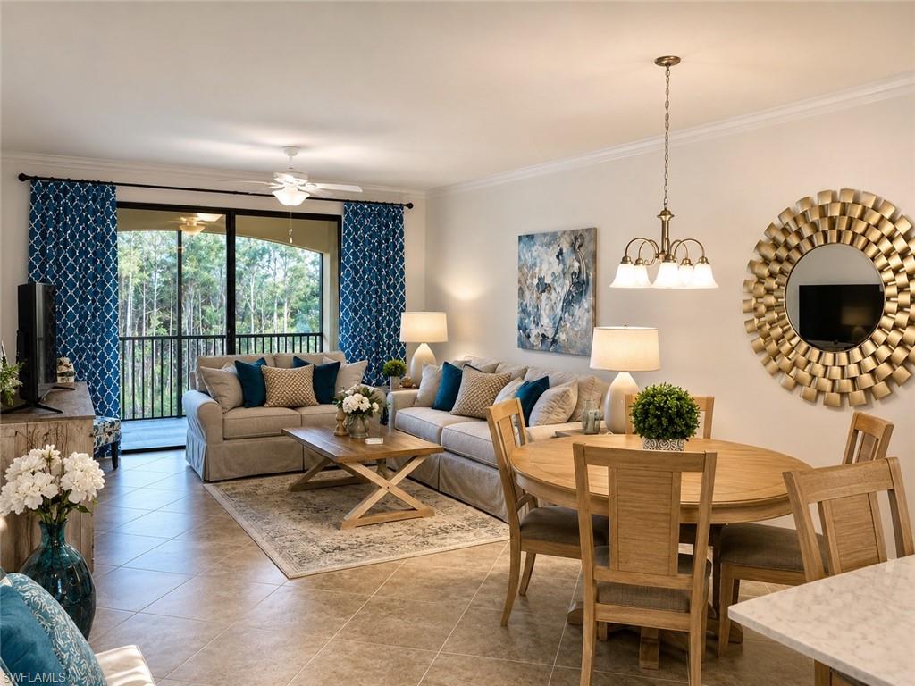Open-concept living and dining area with tile flooring