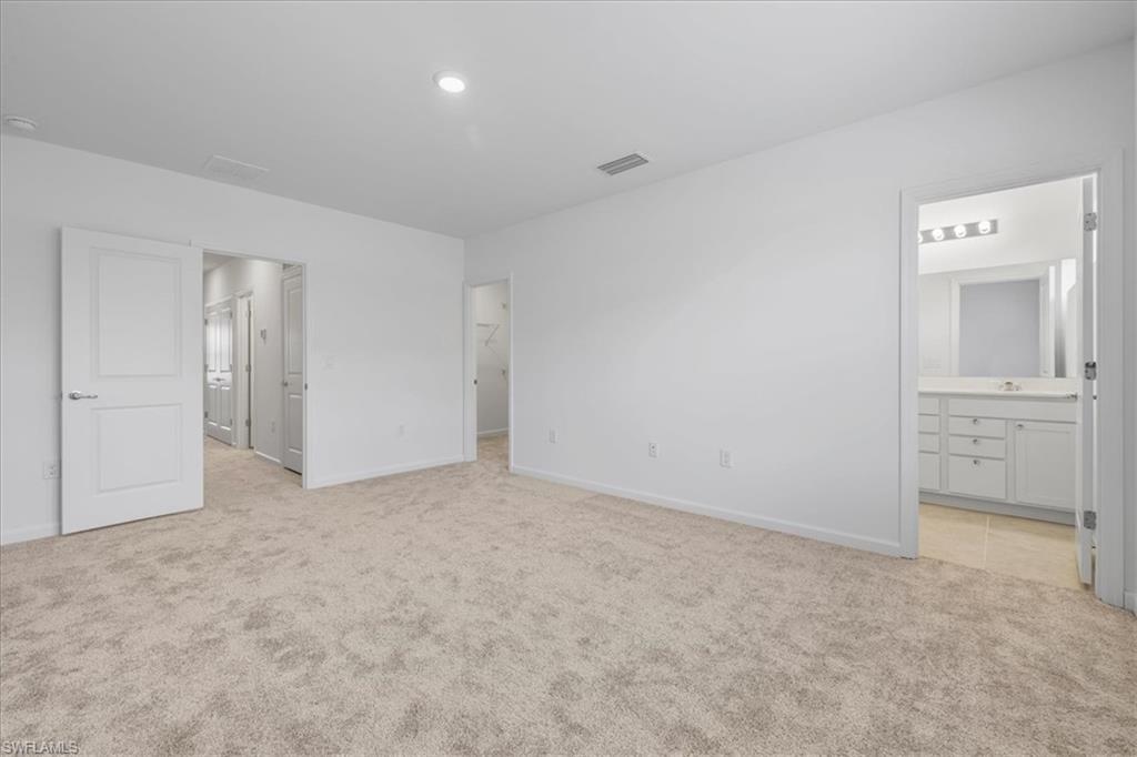 Unfurnished bedroom featuring light carpet, baseboards, ensuite bath, a spacious closet, and a sink