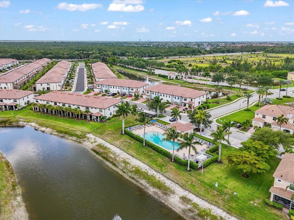 Bird's eye view of a large body of water and a pool