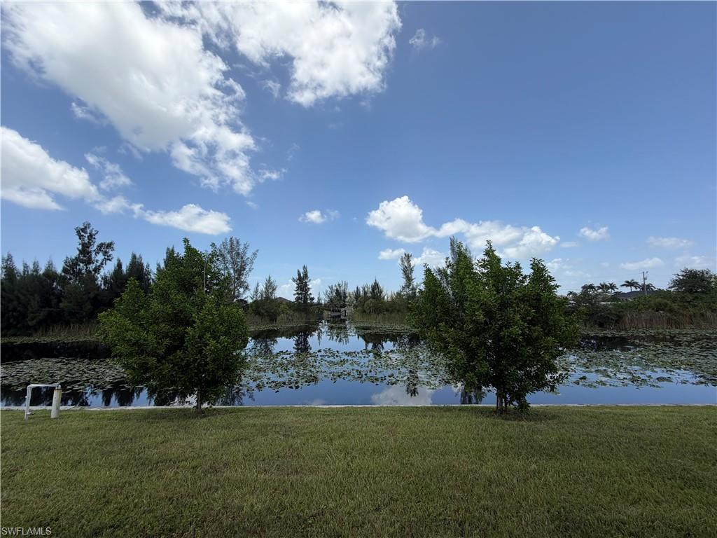 Waterfront property featuring a manicured lawn, established trees, and natural landscaping