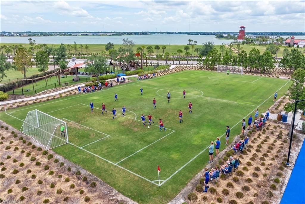 Regulation-size soccer field with professional goal frame, surrounded by manicured lawn and mature landscaping