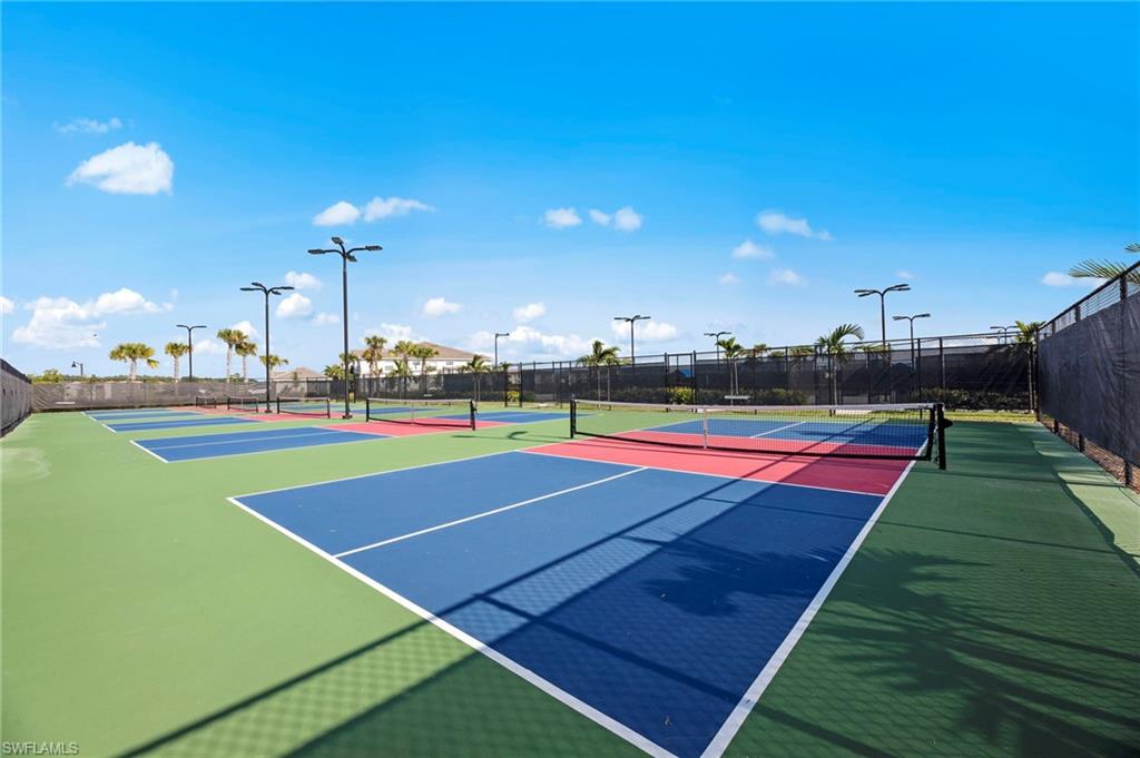 Multiple sport courts featuring blue, red, and green surfacing