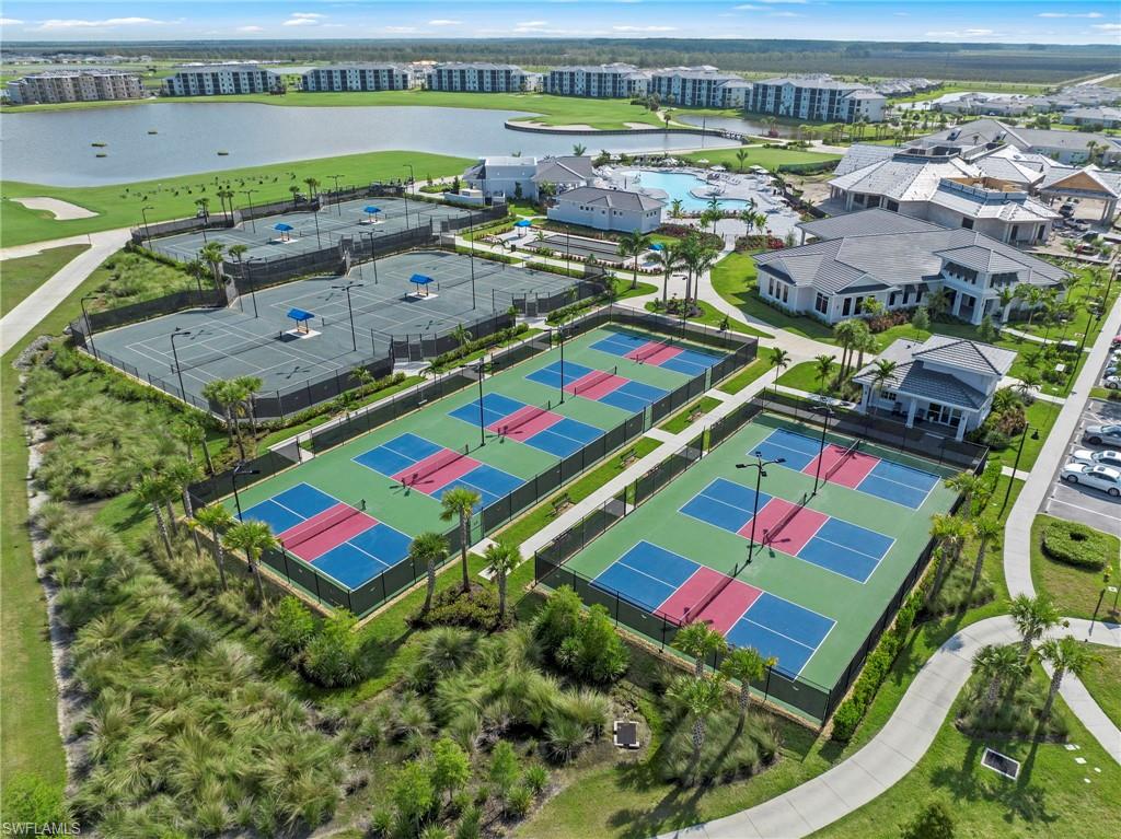 Tennis courts, dedicated pickleball courts, and resort-style amenities with pool and clubhouse