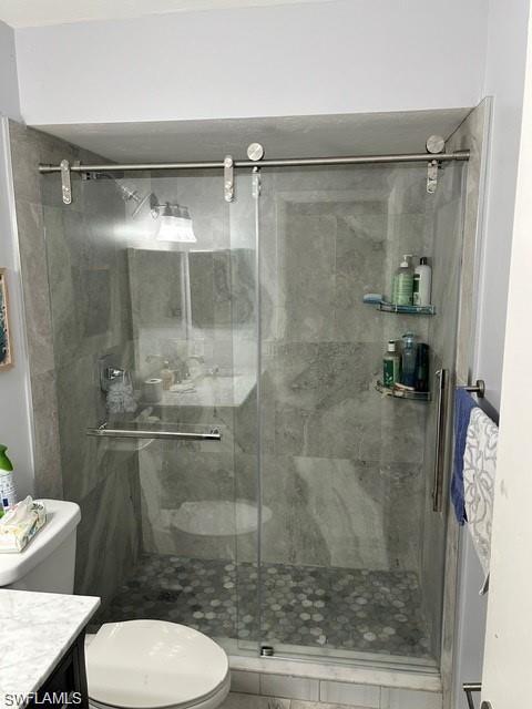 Modern bathroom featuring a frameless glass shower enclosure with sliding barn-style hardware, stone-finish tile surround, and a dark hexagonal tile floor