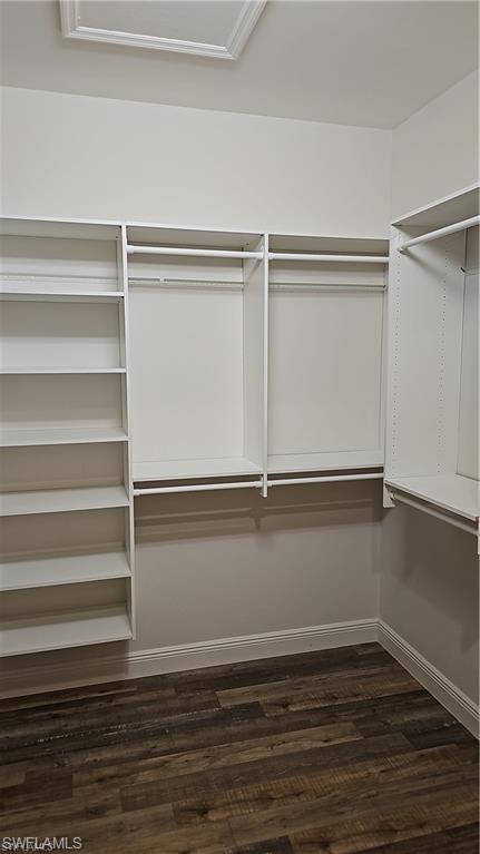 Integrated closet shelving with multiple hanging rods, wood-finish flooring, and white trim