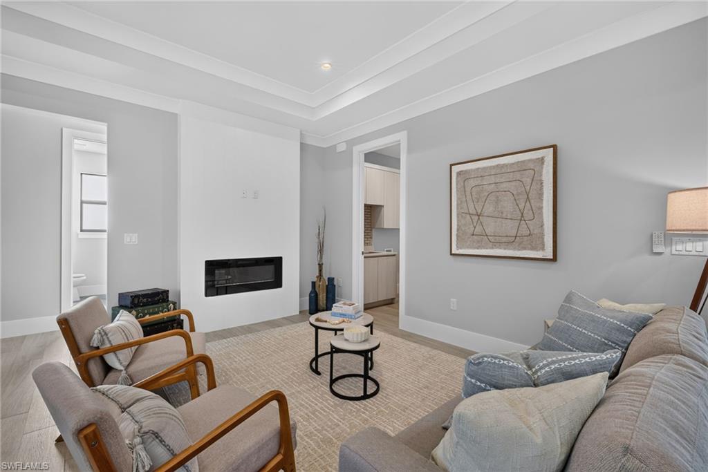 Recessed electric fireplace, tray ceiling, light wood-finish flooring, and light-toned walls
