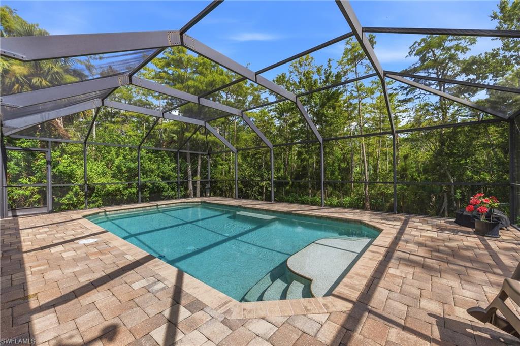 Screened-in outdoor pool featuring a paver deck, integrated steps, and a structured enclosure