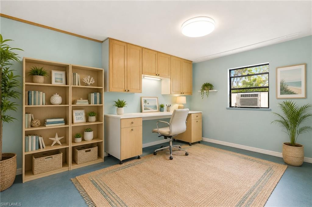 VIRTUAL Built-in cabinetry with under-cabinet lighting, window providing natural illumination, and integrated desk space