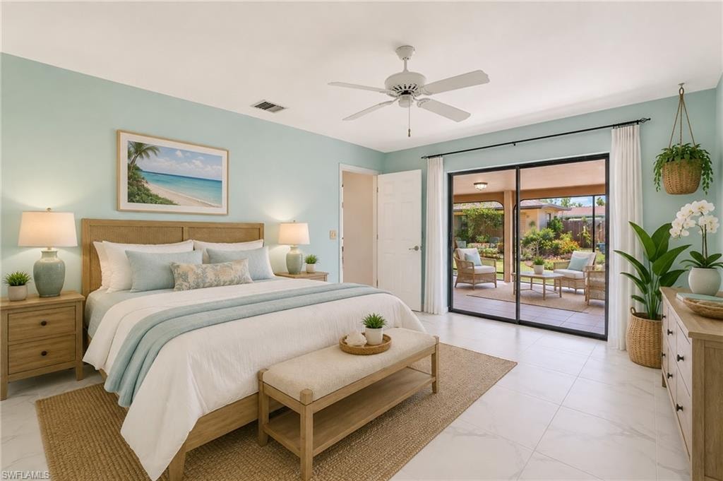 VIRTUAL Sliding glass doors opening to an outdoor patio, ceiling fan, neutral tile flooring, light-toned walls, and wood-finish bedroom furniture