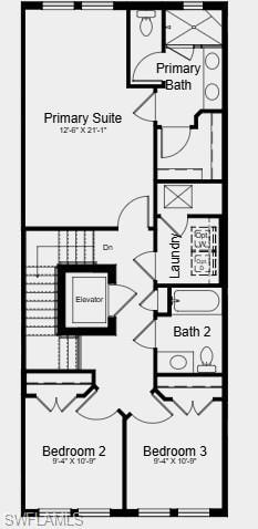 Upper Level Floor Plan - Additional Highlights Include: Private elevator, cafe series appliance package, oak treads, washer and dryer, crown molding at kitchen, built-in refrigerator, and screened enclosed balcony