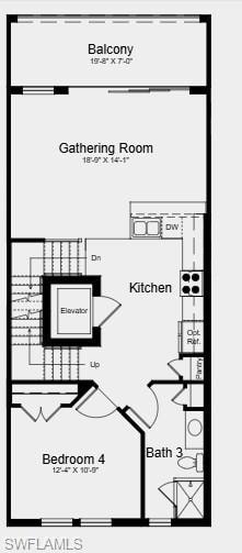 Main Level Floor Plan - Additional Highlights Include: Private elevator, cafe series appliance package, oak treads, washer and dryer, crown molding at kitchen, built-in refrigerator, and screened enclosed balcony