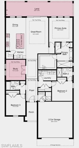 Floor Plan - Additional Highlights Include: Gourmet kitchen, straight valance wood hood, waterfall island, tray ceiling at primary suite, great room and study, 8' interior doors, 4' garage extension, study with french doors in place of flex, covered extended lanai, and pool and spa prewire.