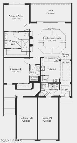Floor Plan - Additional Highlights Include: Fireplace, quartz countertops, appliances, gourmet kitchen cabinet selections, crown molding, and screened in covered lanai.