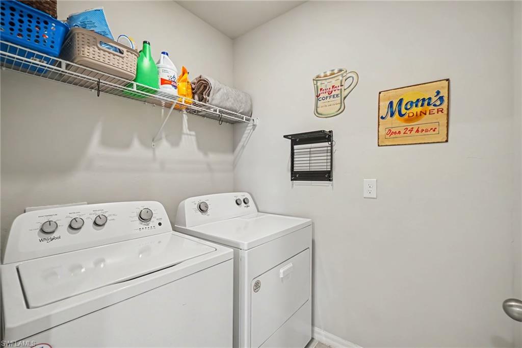 Full-sized appliance hookups and a wall-mounted wire shelf