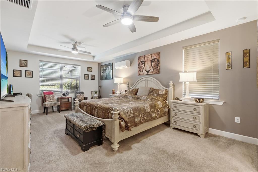 Recessed ceiling with two ceiling fans, carpeted flooring, and window treatments