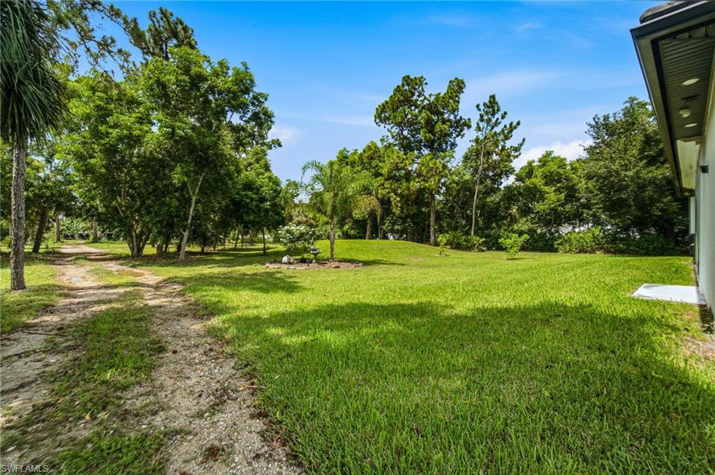 Expansive green lawn with mature trees and a gravel pathway