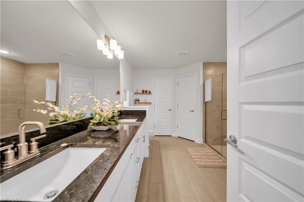 Dual vanity with dark stone countertops, undermount sinks, and brushed nickel fixtures