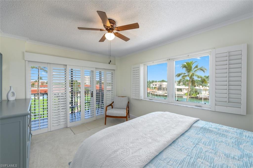 Expansive windows and glass sliding doors with white plantation shutters, crown molding, and a ceiling fan
