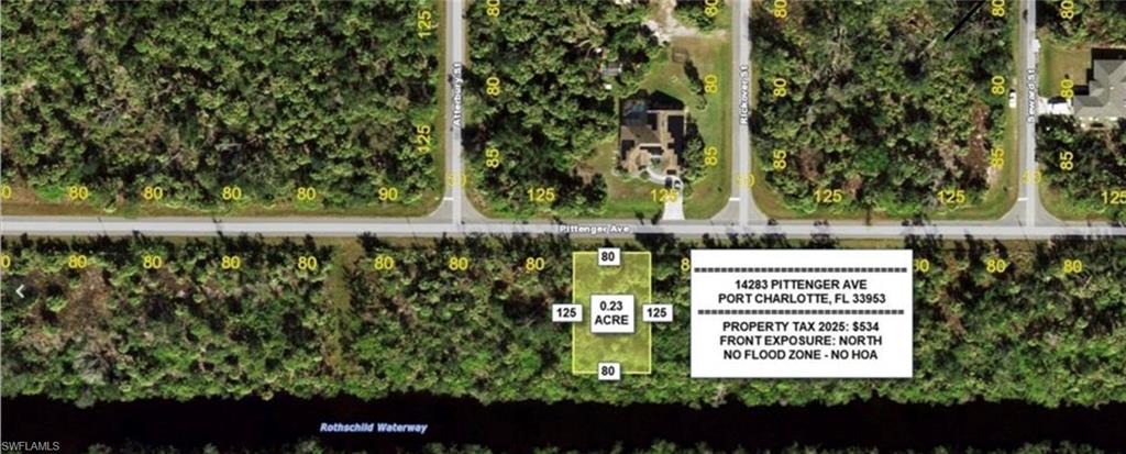 Aerial Map. Displaying the property's location, dimensions, and associated data including address, acreage, tax information, and flood zone status