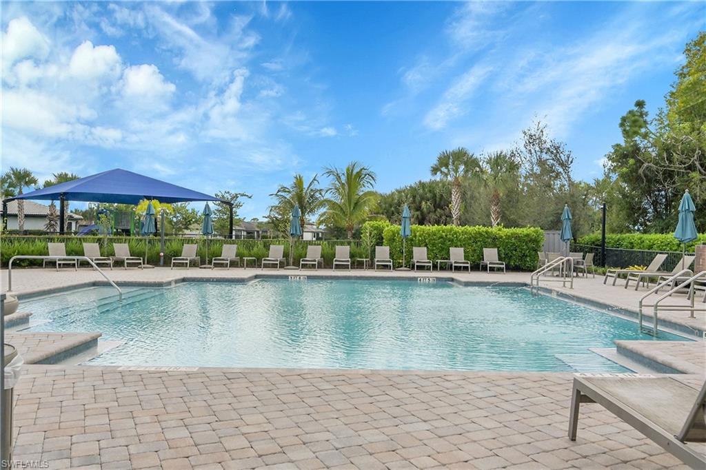 Expansive pool deck with paver surfacing, rectangular swimming pool, and integrated steps